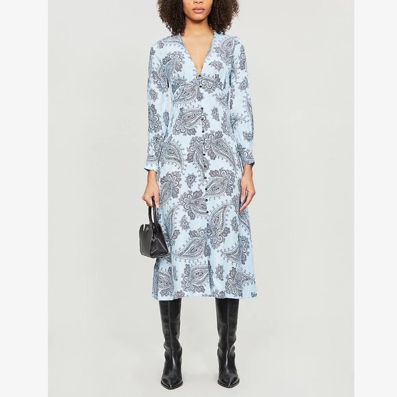 Sandro Paris Printed Silk Beane Jacquard Button Down Midi Dress Wedding Guest 36 - Picture 3 of 13